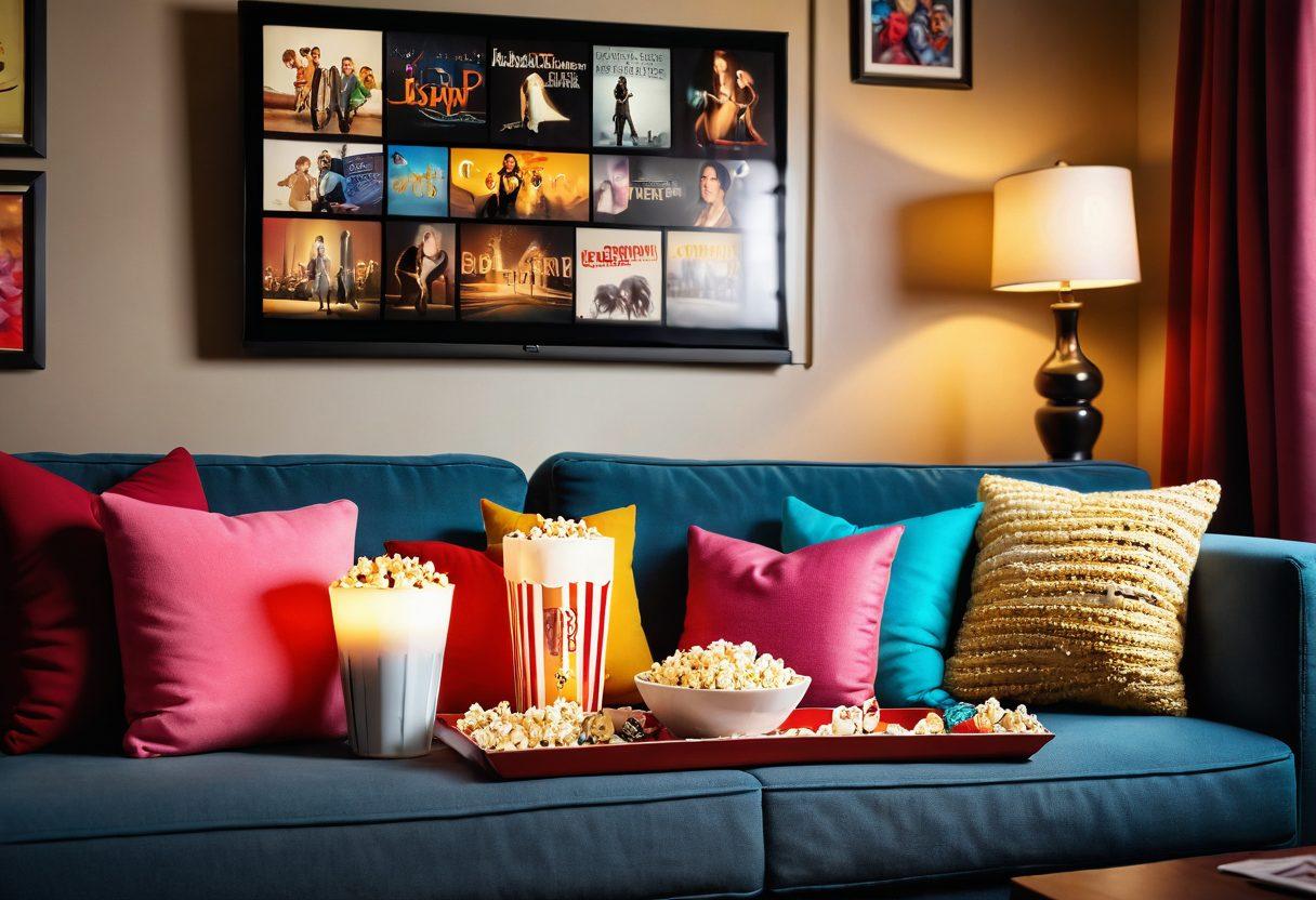 A cozy living room scene with a plush sofa adorned with colorful throw pillows, a screen displaying a montage of iconic movie scenes from classic and comedy films, soft lighting creating a warm atmosphere, and a bowl of popcorn on a coffee table. Include romantic touches like a flickering candle and heart-shaped decorations. 3D. vibrant colors. soft focus.