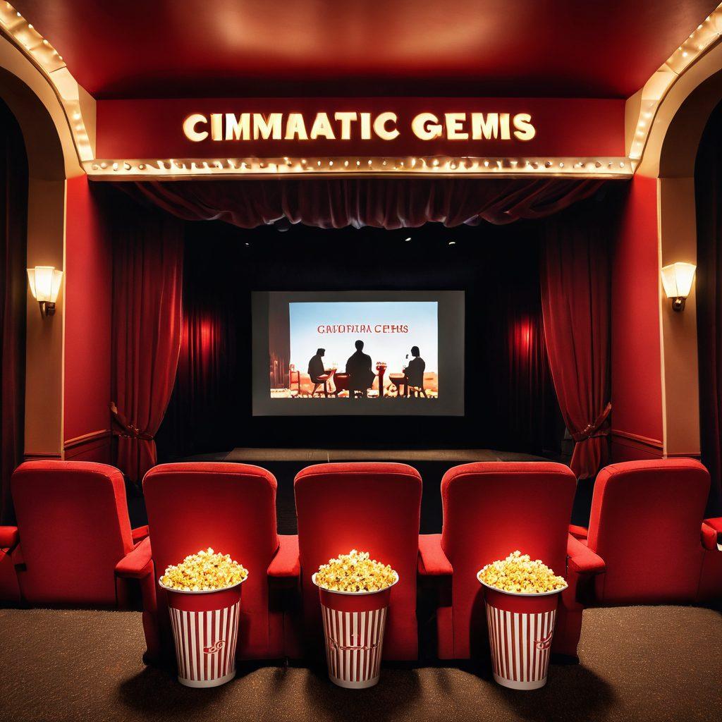 A cozy cinema with plush red seats, softly glowing golden lights, and a large screen displaying a romantic film scene with two silhouettes holding hands. Popcorn buckets are scattered on the floor, and a glowing marquee overhead reads 'Cinematic Gems.' The atmosphere is warm and inviting, capturing the essence of love in film. super-realistic. warm colors. cinematic lighting.